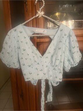 Altar'd State Pale Blue Floral Tie-Front Crop Top